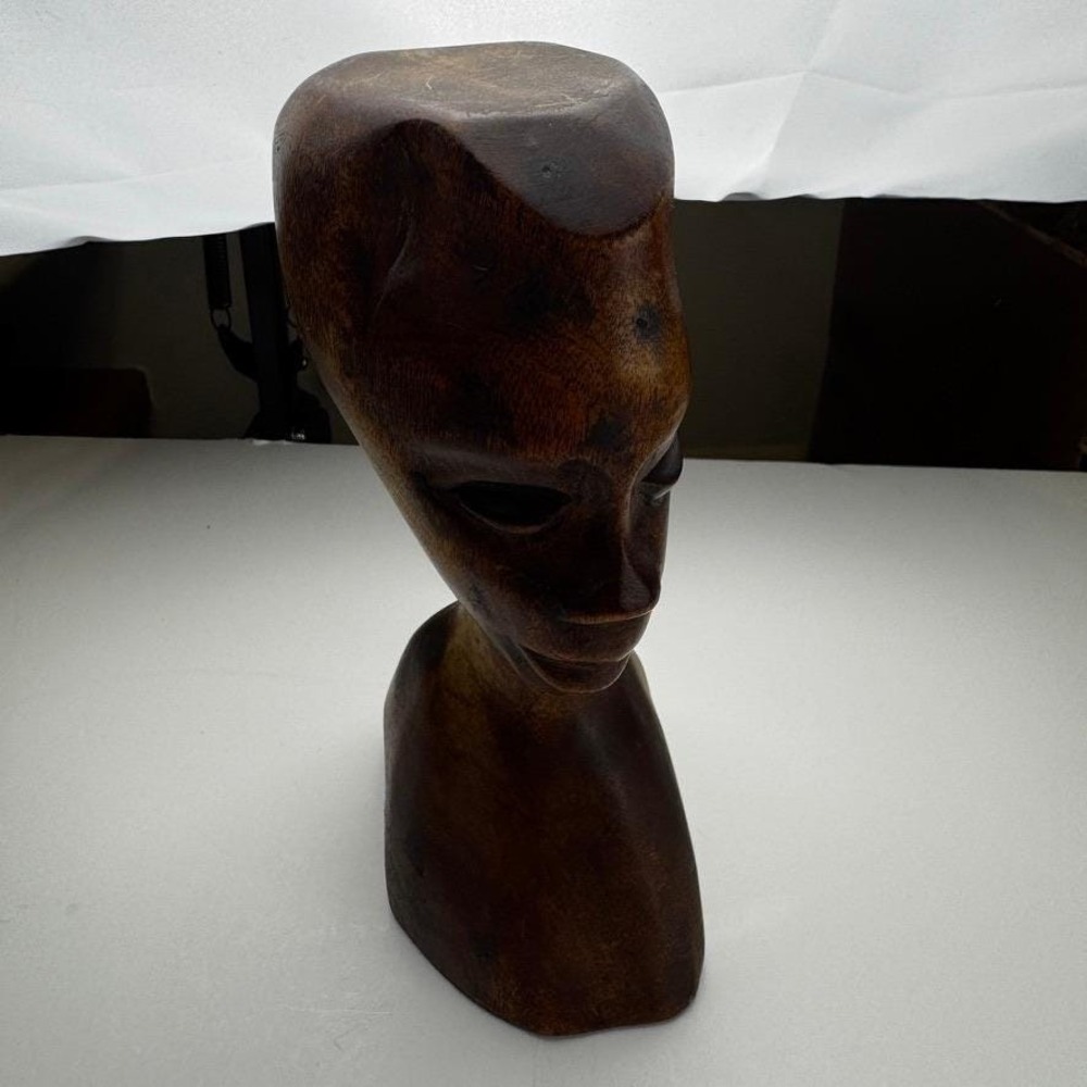 Vintage Hand Carved Wooden Bust Elongated Head Tribal Style Sculpture 8.5 Inch - Picture 6 of 6